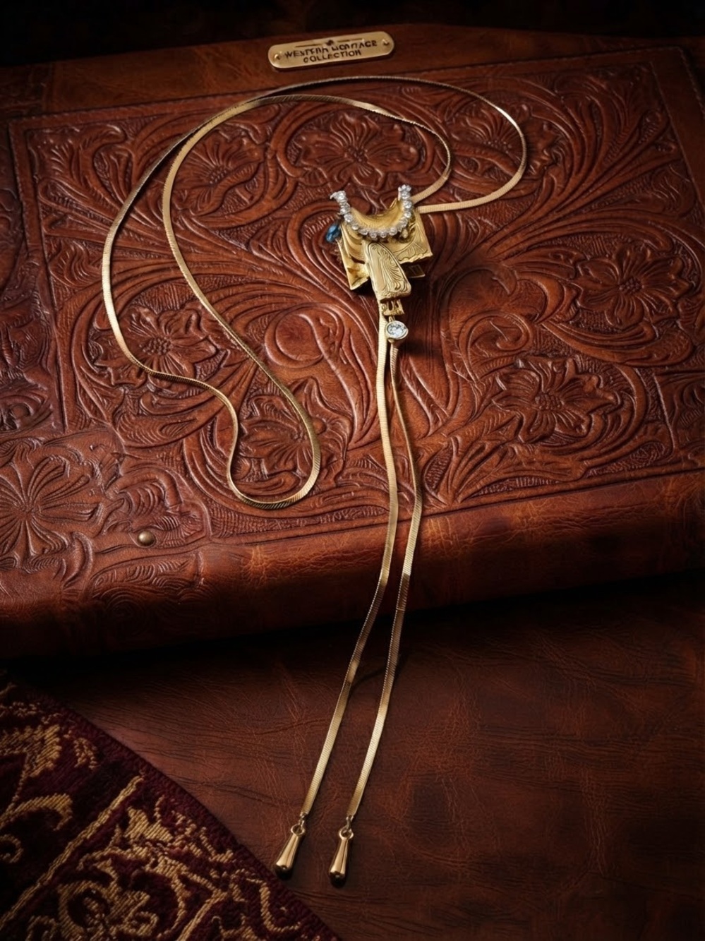 Gold-Tone Bolo Necklace with Draped Saddle Embellished Pendant Vintage-Inspired